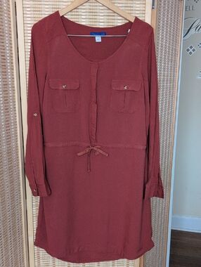 Simply Styled Rust Long-Sleeve Drawstring Shirt Dress